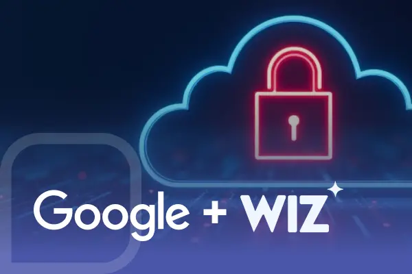 Imagem com um ícone de cadeado vermelho dentro de uma nuvem azul representando segurança na nuvem, acompanhada dos logos do Google e da empresa Wiz.