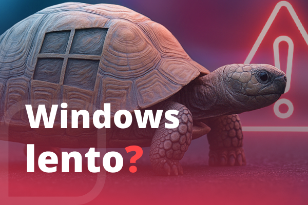 Tartaruga com símbolo do Windows no casco, ilustrando lentidão no sistema, com a frase 'Windows lento?' e ícone de alerta ao fundo.